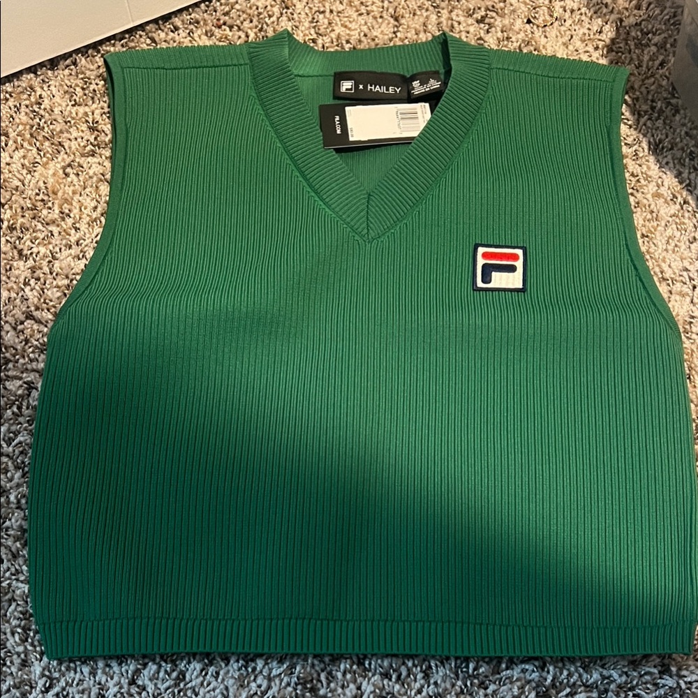 Fila Women's Green Ribbed V-Neck Sweater Shirt Logo. FILA X HAILEY COLAB